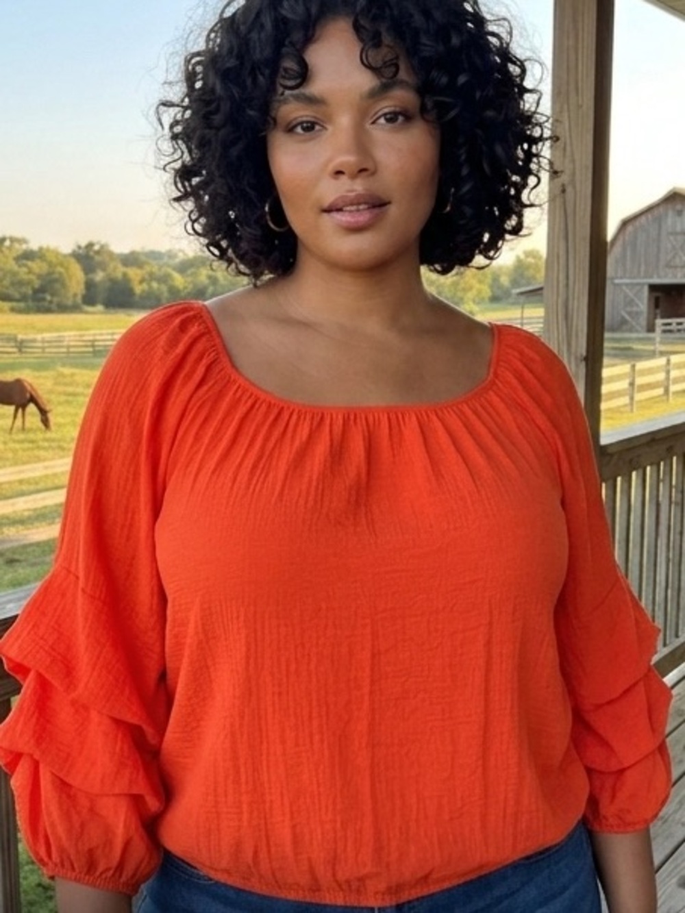 Indian Rose Blouse Women's Orange Balloon Layered Sleeves Size M